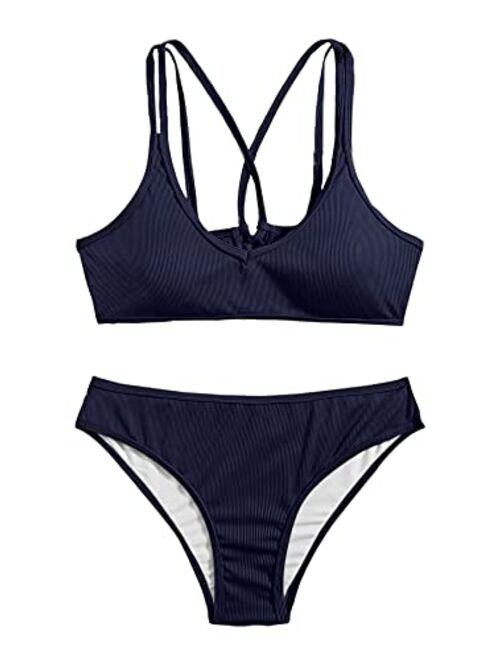 SweatyRocks Women's Bathing Suits Spaghetti Strap Criss Cross Back Bikini Ribbed Swimsuit