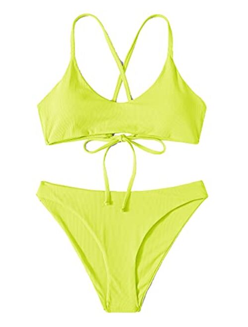 SweatyRocks Women's Bathing Suits Spaghetti Strap Criss Cross Back Bikini Ribbed Swimsuit