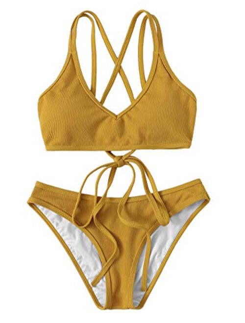 SweatyRocks Women's Bathing Suits Spaghetti Strap Criss Cross Back Bikini Ribbed Swimsuit