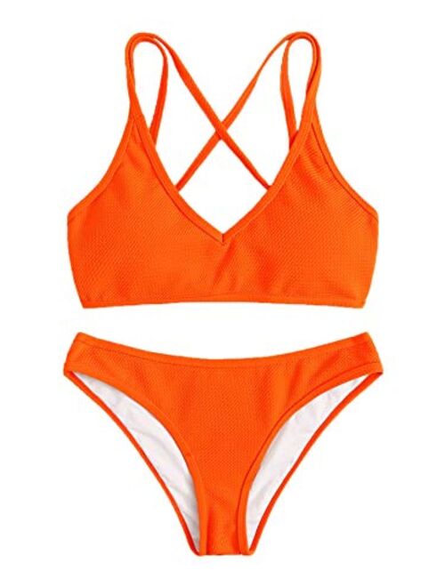 SweatyRocks Women's Bathing Suits Spaghetti Strap Criss Cross Back Bikini Ribbed Swimsuit