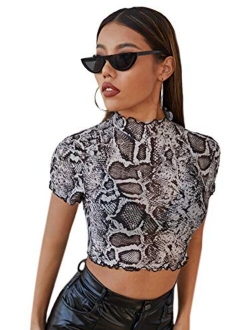 Women's Short Sleeve Print See Through Sheer Mesh Crop Top T Shirt