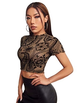 Women's Short Sleeve Print See Through Sheer Mesh Crop Top T Shirt