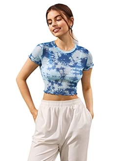 Women's Short Sleeve Print See Through Sheer Mesh Crop Top T Shirt