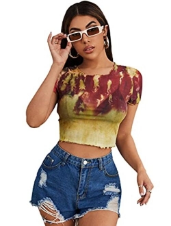 Women's Short Sleeve Print See Through Sheer Mesh Crop Top T Shirt