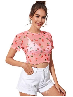 Women's Short Sleeve Print See Through Sheer Mesh Crop Top T Shirt