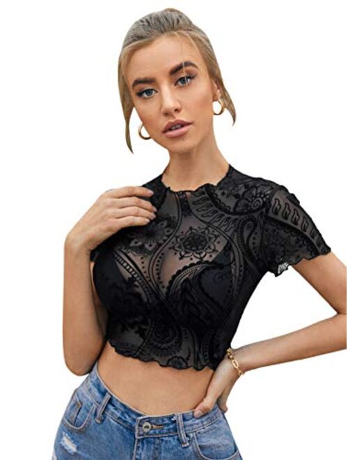 SweatyRocks Women's Short Sleeve Print See Through Sheer Mesh Crop Top T Shirt