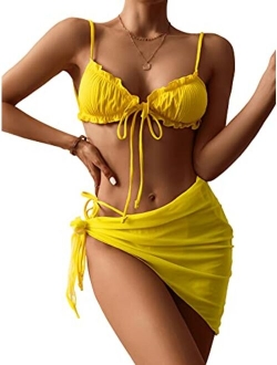 Women's 3 Pack Lettuce Trim Thong Bikini Swimsuit & Beach Skirt