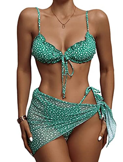 SweatyRocks Women's 3 Pack Lettuce Trim Thong Bikini Swimsuit & Beach Skirt