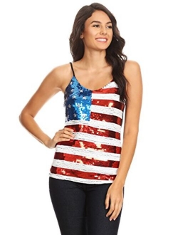 Anna-Kaci Womens Patriotic American USA Flag Sequin Cami Shirt Blouse Tank Top