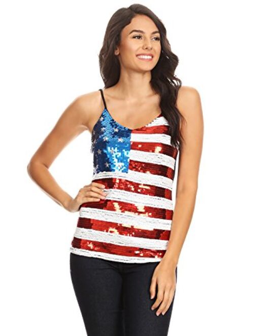 Anna Kaci Anna-Kaci Womens Patriotic American USA Flag Sequin Cami Shirt Blouse Tank Top