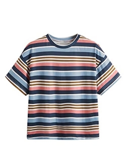 Women's Casual Loose Short Sleeve Round Neck Striped Tee Shirt Top