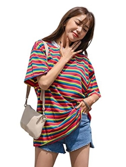 Women's Casual Loose Short Sleeve Round Neck Striped Tee Shirt Top