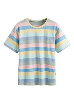 Women's Casual Loose Short Sleeve Round Neck Striped Tee Shirt Top