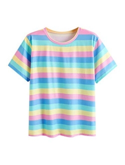 Women's Casual Loose Short Sleeve Round Neck Striped Tee Shirt Top