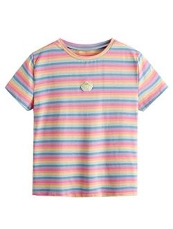 Women's Casual Loose Short Sleeve Round Neck Striped Tee Shirt Top