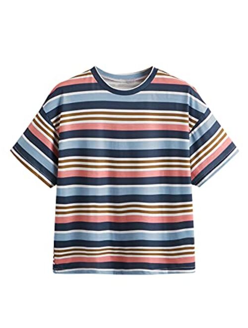 SweatyRocks Women's Casual Loose Short Sleeve Round Neck Striped Tee Shirt Top