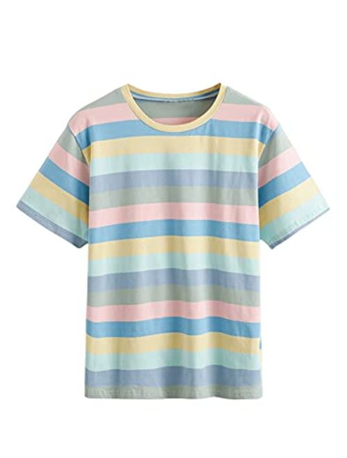 SweatyRocks Women's Casual Loose Short Sleeve Round Neck Striped Tee Shirt Top