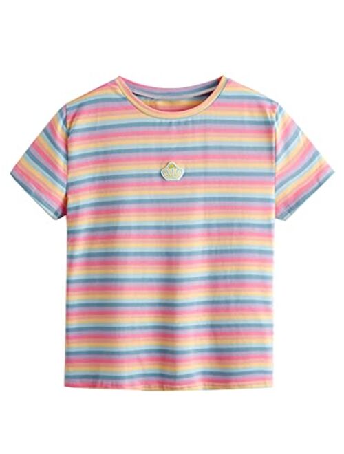 SweatyRocks Women's Casual Loose Short Sleeve Round Neck Striped Tee Shirt Top