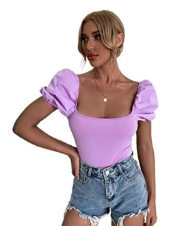 Women's Short Puff Sleeve Crop Top Sheer Mesh Square Neck Tee Shirt