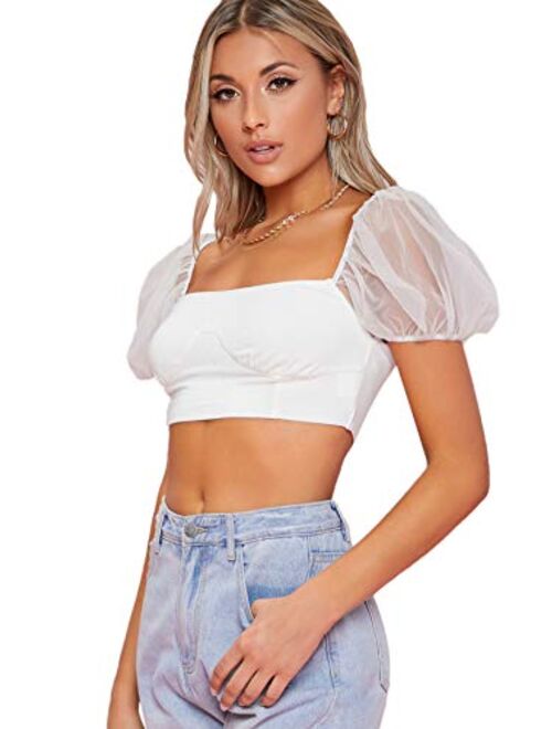 SweatyRocks Women's Short Puff Sleeve Crop Top Sheer Mesh Square Neck Tee Shirt