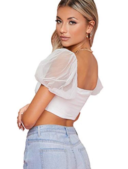 SweatyRocks Women's Short Puff Sleeve Crop Top Sheer Mesh Square Neck Tee Shirt