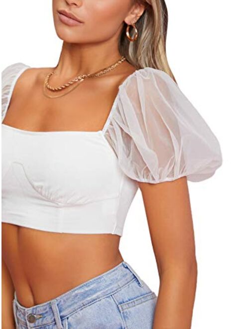 SweatyRocks Women's Short Puff Sleeve Crop Top Sheer Mesh Square Neck Tee Shirt