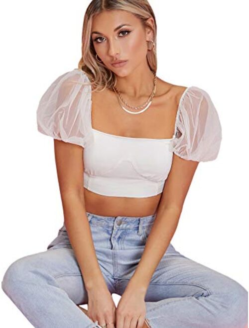 SweatyRocks Women's Short Puff Sleeve Crop Top Sheer Mesh Square Neck Tee Shirt