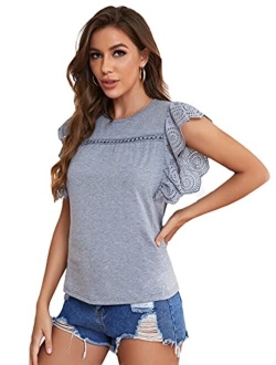 Women's Eyelet Embroidery Ruffle Short Sleeve Plain T Shirt Tee Tops