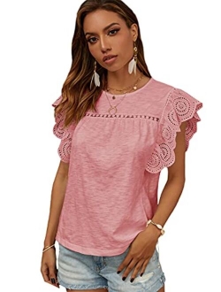 Women's Eyelet Embroidery Ruffle Short Sleeve Plain T Shirt Tee Tops