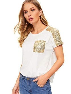 Women's Casual Contrast Sequins Summer T Shirts Short Sleeve Solid Plain Tee Tops