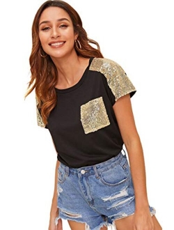 Women's Casual Contrast Sequins Summer T Shirts Short Sleeve Solid Plain Tee Tops