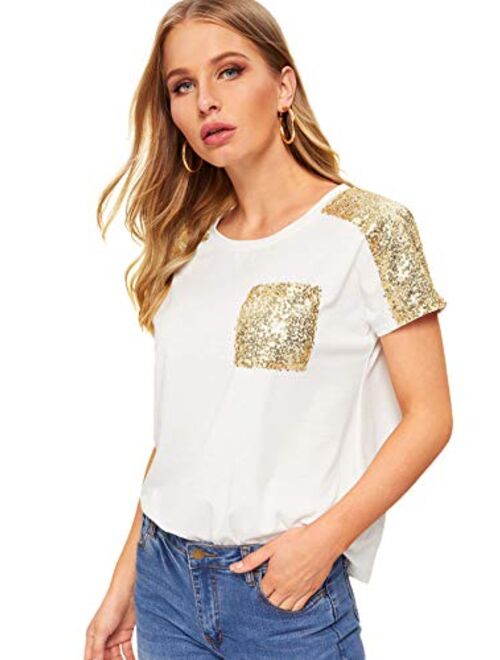 SweatyRocks Women's Casual Contrast Sequins Summer T Shirts Short Sleeve Solid Plain Tee Tops