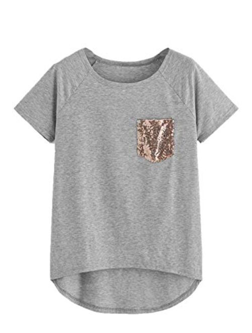 SweatyRocks Women's Casual Contrast Sequins Summer T Shirts Short Sleeve Solid Plain Tee Tops