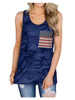 Barlver Women's American Flag Tank Tops 4th of July Camo Tee Loose Sleeveless Tunic Patriotic USA T Shirts