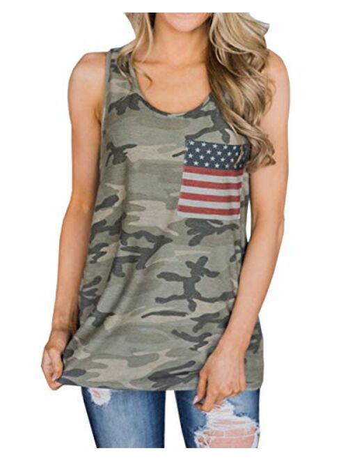 Barlver Women's American Flag Tank Tops 4th of July Camo Tee Loose Sleeveless Tunic Patriotic USA T Shirts