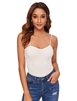 Women's V Neck Scallop Trim Ribbed Knit Cami Tank Top