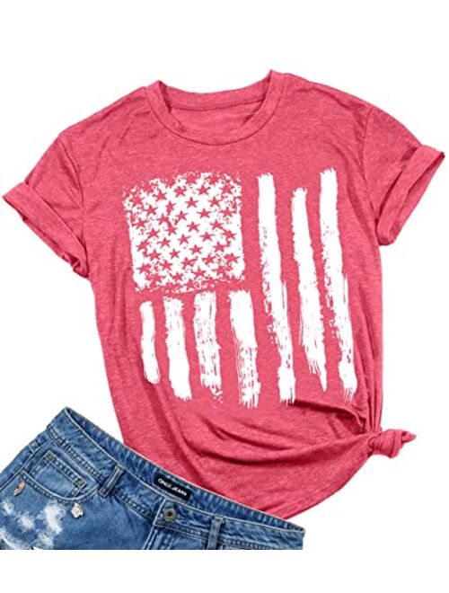 LUKYCILD American Flag Shirt Women July 4th Patriotic T-Shirt Star Stripes USA Tee Tops