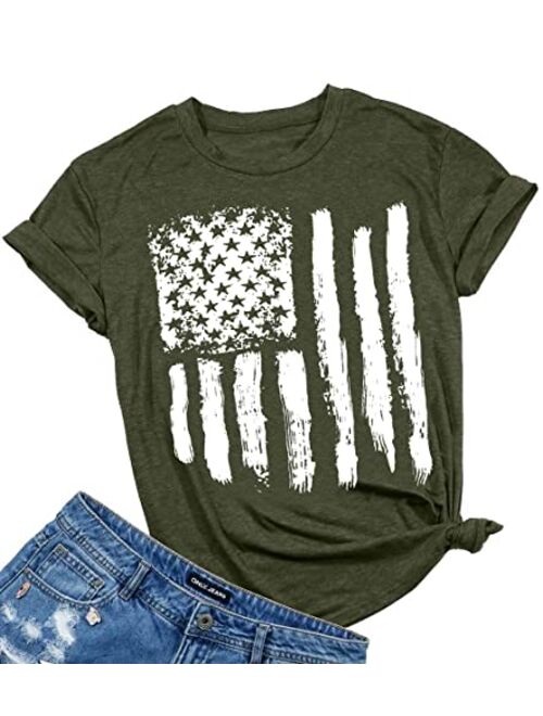 LUKYCILD American Flag Shirt Women July 4th Patriotic T-Shirt Star Stripes USA Tee Tops