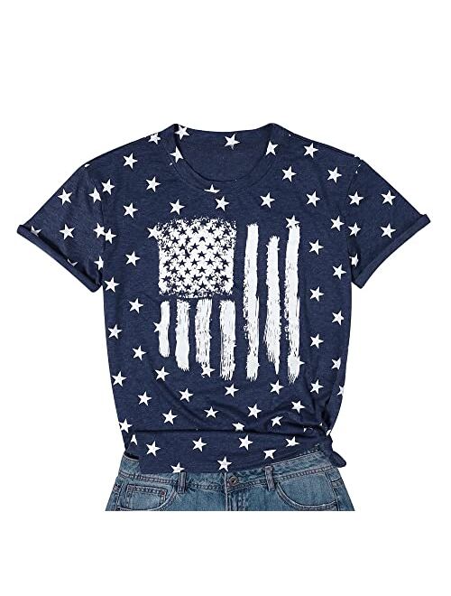 LUKYCILD American Flag Shirt Women July 4th Patriotic T-Shirt Star Stripes USA Tee Tops