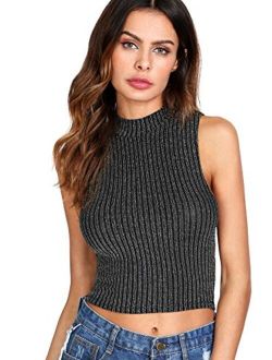 Women's Knit Crop Top Ribbed Sleeveless Halter Neck Vest Tank Top