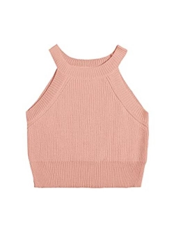 Women's Knit Crop Top Ribbed Sleeveless Halter Neck Vest Tank Top