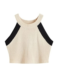 Women's Knit Crop Top Ribbed Sleeveless Halter Neck Vest Tank Top