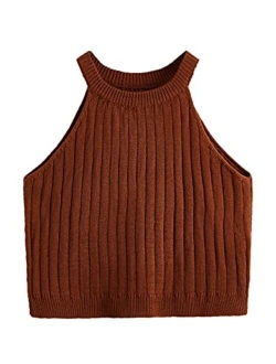 Women's Knit Crop Top Ribbed Sleeveless Halter Neck Vest Tank Top