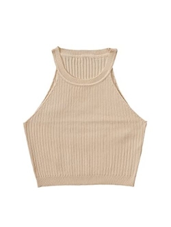 Women's Knit Crop Top Ribbed Sleeveless Halter Neck Vest Tank Top