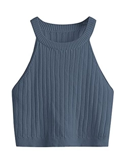 Women's Knit Crop Top Ribbed Sleeveless Halter Neck Vest Tank Top