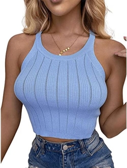 Women's Knit Crop Top Ribbed Sleeveless Halter Neck Vest Tank Top