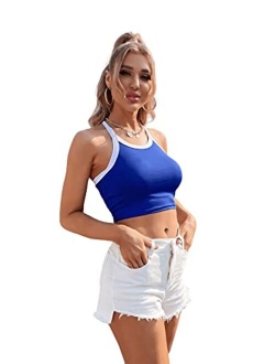 Women's Knit Crop Top Ribbed Sleeveless Halter Neck Vest Tank Top