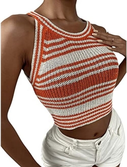 Women's Knit Crop Top Ribbed Sleeveless Halter Neck Vest Tank Top