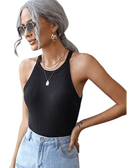 Women's Knit Crop Top Ribbed Sleeveless Halter Neck Vest Tank Top