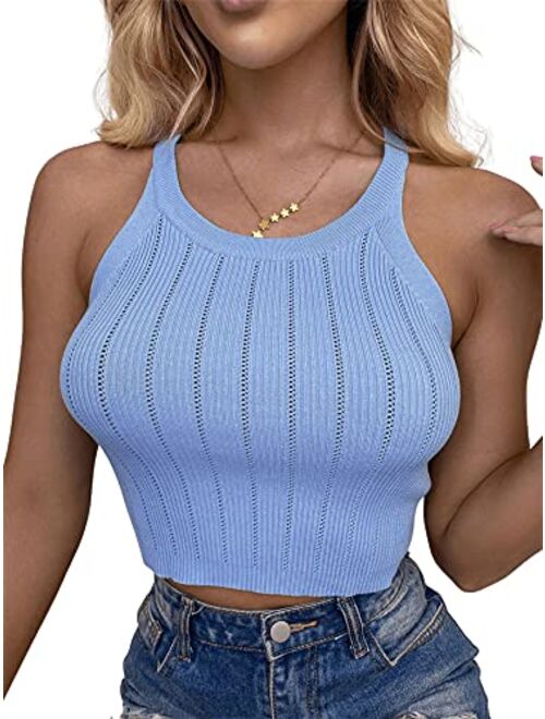 SweatyRocks Women's Knit Crop Top Ribbed Sleeveless Halter Neck Vest Tank Top